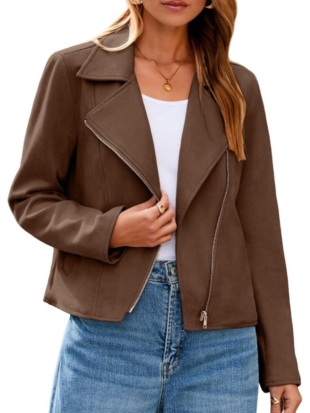 Women's Brown Faux Suede Crop Asymmetric Zipper Long Sleeve Moto Bomber Jacket